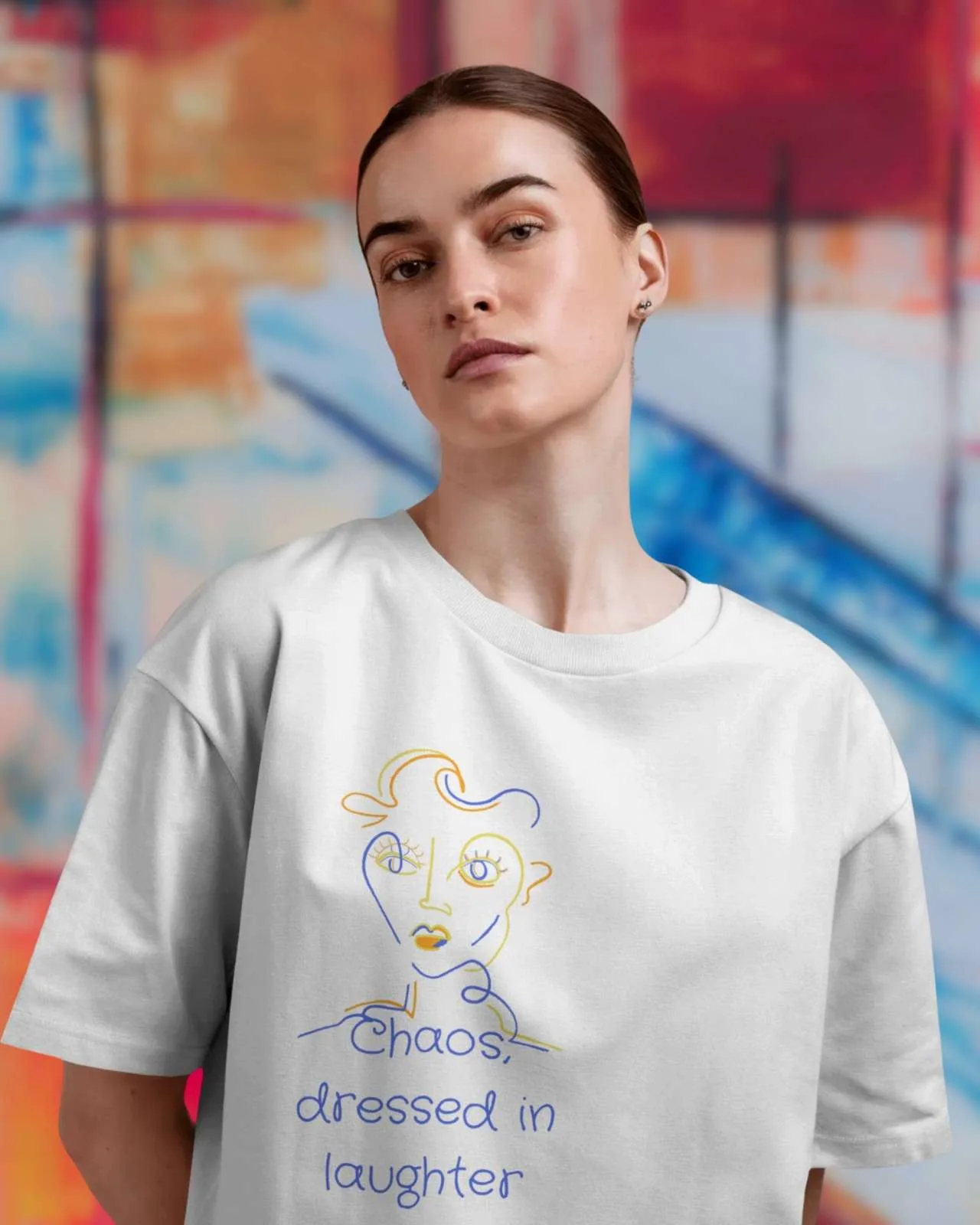 Chaos Dressed in Laughter – Abstract Line Art Oversized White T-Shirt