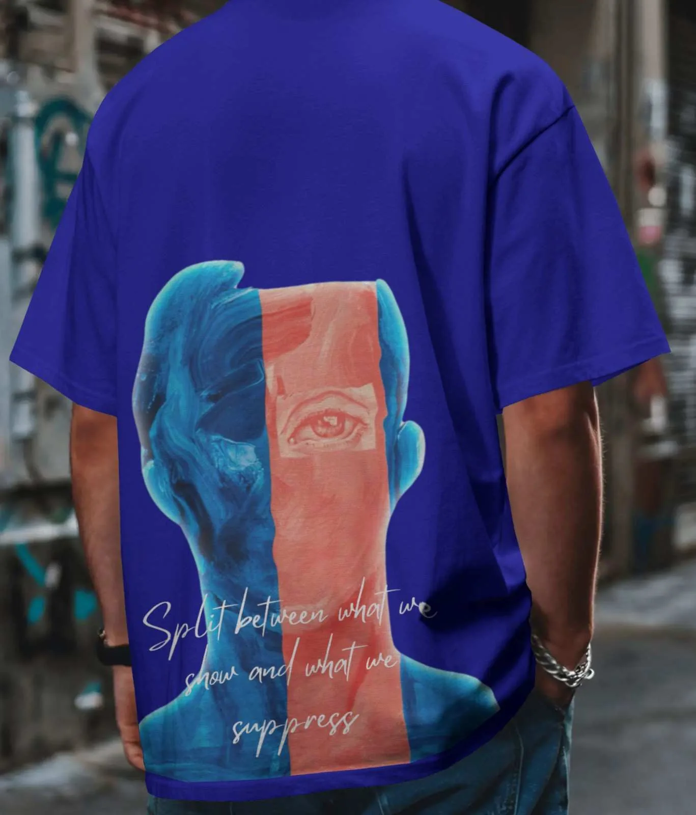 Split Between – Dual Face Oversized Graphic T-Shirt (Royal Blue)